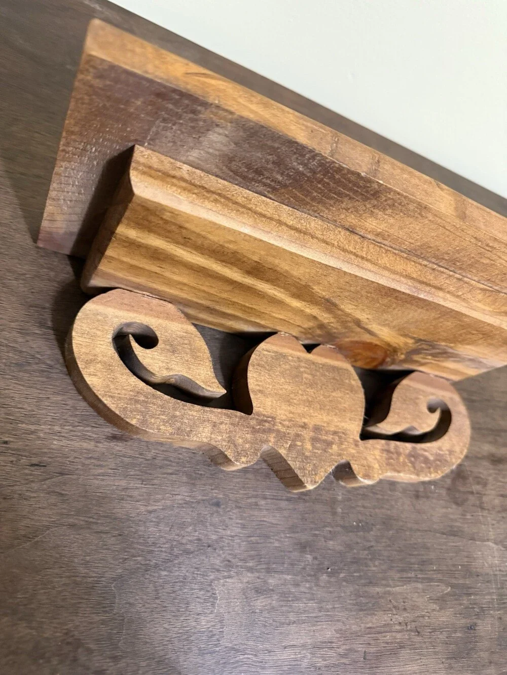 Vintage Handcrafted Wooden Wall Shelf with Heart and Scroll Carved Bracket